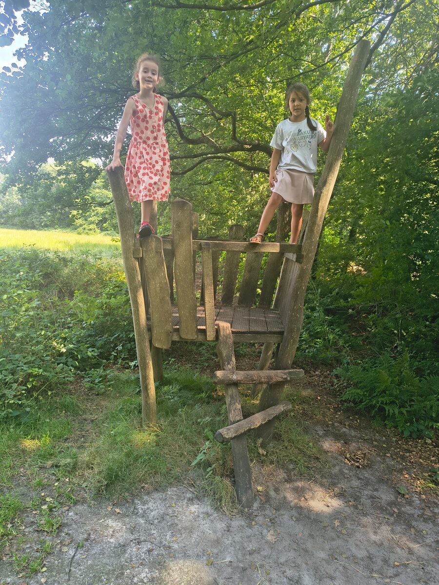Twee meisjes staan boven op een hoog houten klimtoestel in het bos, allebei kijkend naar de camera