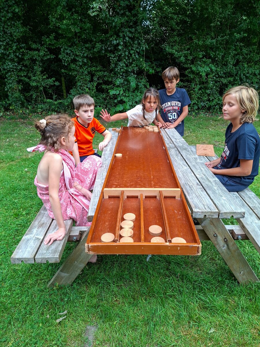 Vijf kinderen spelen samen sjoelen aan een picknicktafel buiten