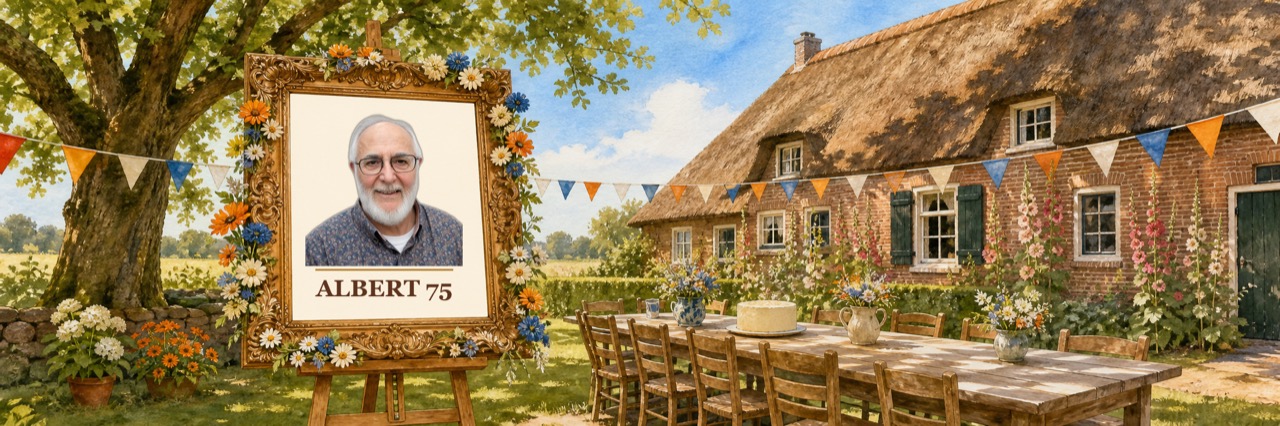 Geschilderde boerderij met rieten dak, vlaggetjes, een lange gedekte tafel en op een ezel een omlijst portret met het onderschrift Albert 75