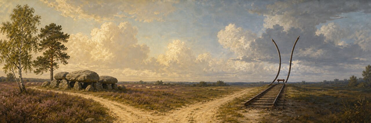 Geschilderd Drents landschap waarin een zandpad zich splitst: links door de paarse heide naar een hunebed, rechts naar een spoorbaan waarvan de rails aan het eind omhoog krullen, met een stootblok