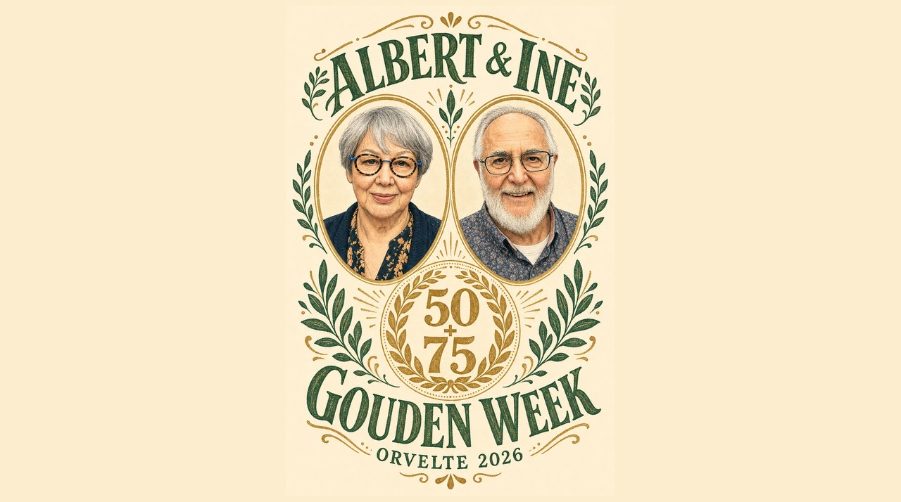Illustratie van het crèmekleurige Gouden Week T-shirtontwerp met ovale portretten van Albert en Ine onder de tekst ALBERT & INE, een lauwerkrans met 50+75 in het midden en daaronder de tekst GOUDEN WEEK en ORVELTE 2026