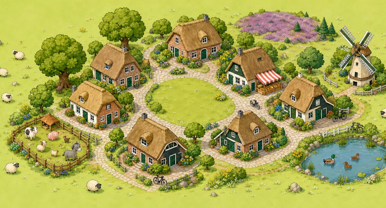 Tekening van het dorp Orvelte, met boerderijen rond de brink, de molen, schapen en een vijver