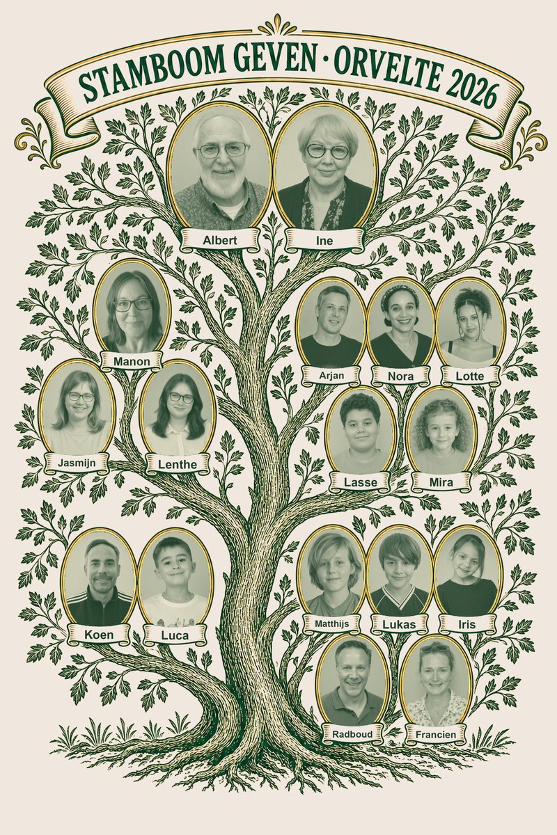 Illustratie van de Stamboom Geven op de rug van het T-shirt, met een groene en gouden boom en ovale portretfoto's van alle zeventien familieleden, gemaakt voor Orvelte 2026