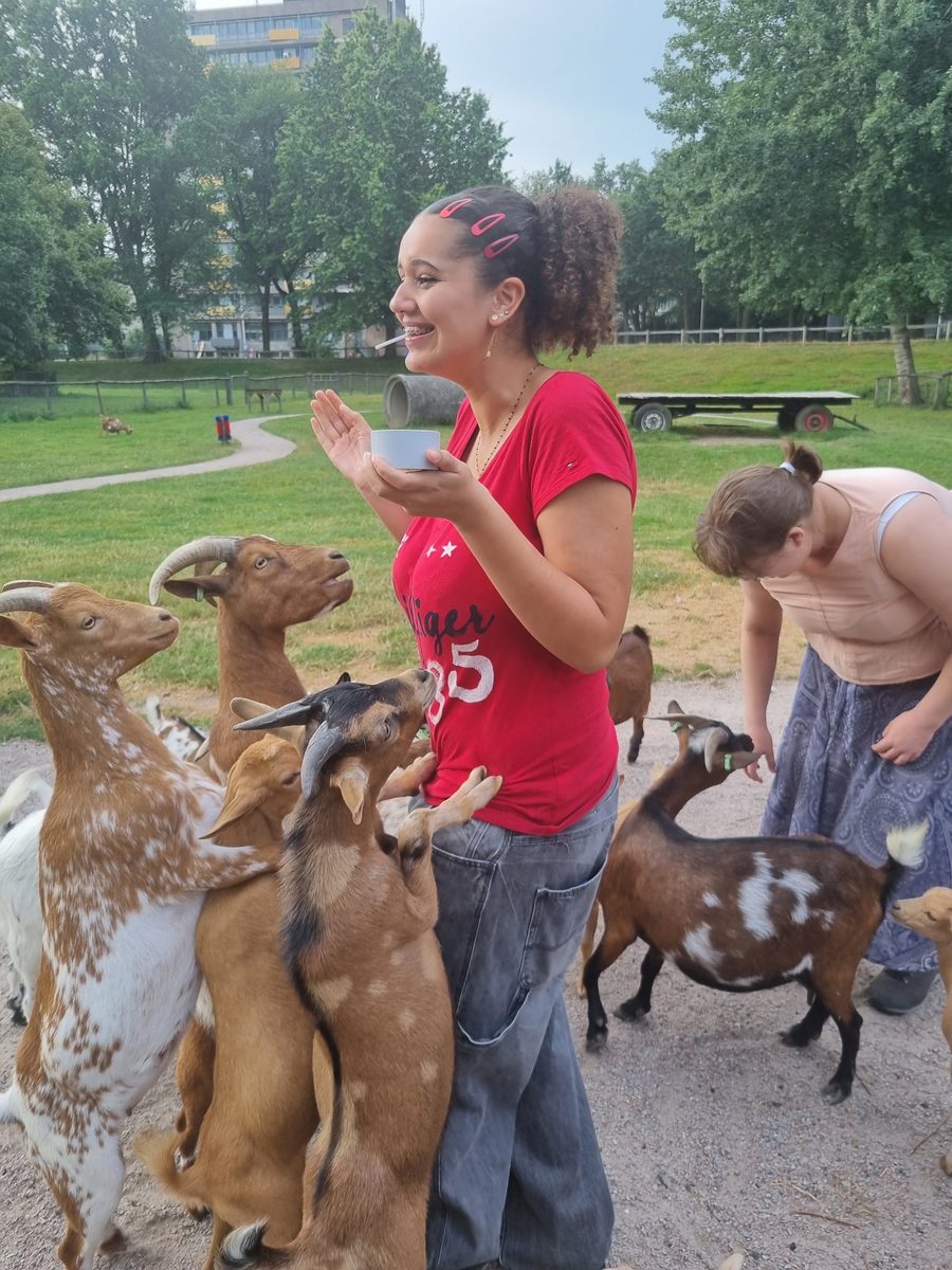 Twee vrouwen voeren geiten in het park in Zwolle, met een flatgebouw op de achtergrond